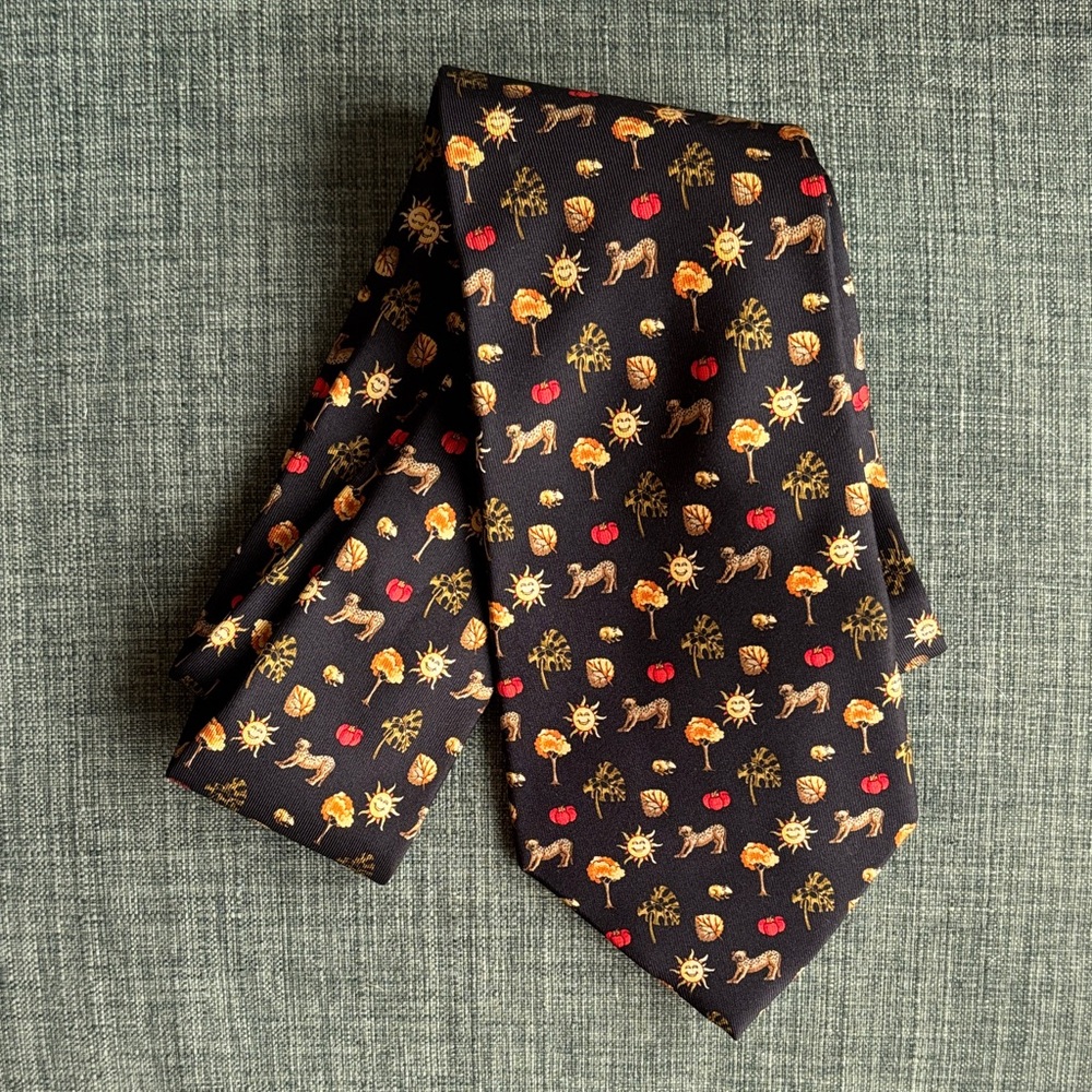 Salvadore Ferragamo Men's 100% silk jungle sun leopard animal tie black EUC work - Picture 8 of 8